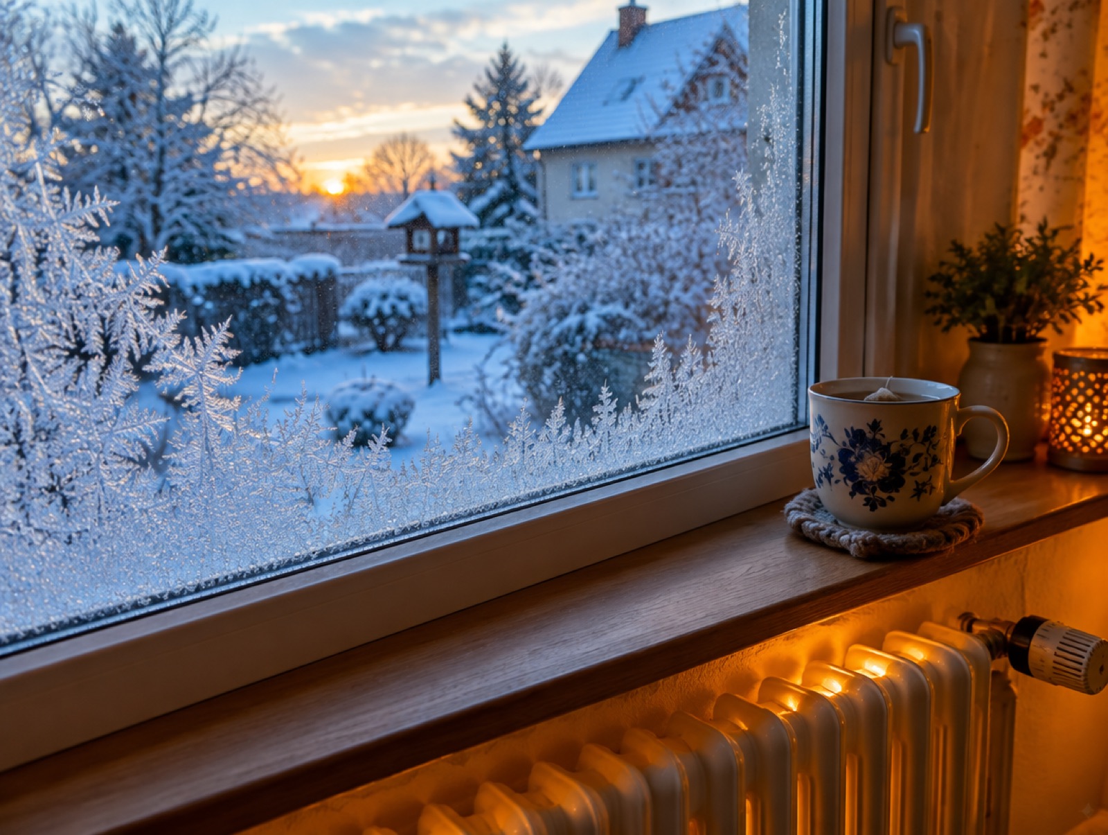 Gefrorenes Fenster, davor eine warme Heizung und eine Tasse Tee